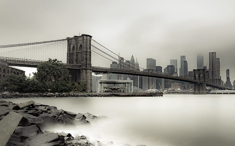 New York City, Brooklyn Bridge, New York, Manhattan, fog, morning, cityscape, USA, HD wallpaper