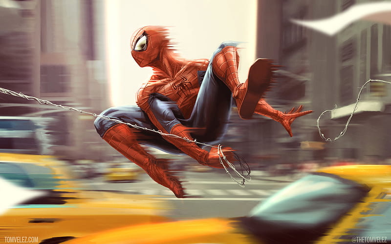 Spiderman, superheroes, taxi, art, HD wallpaper
