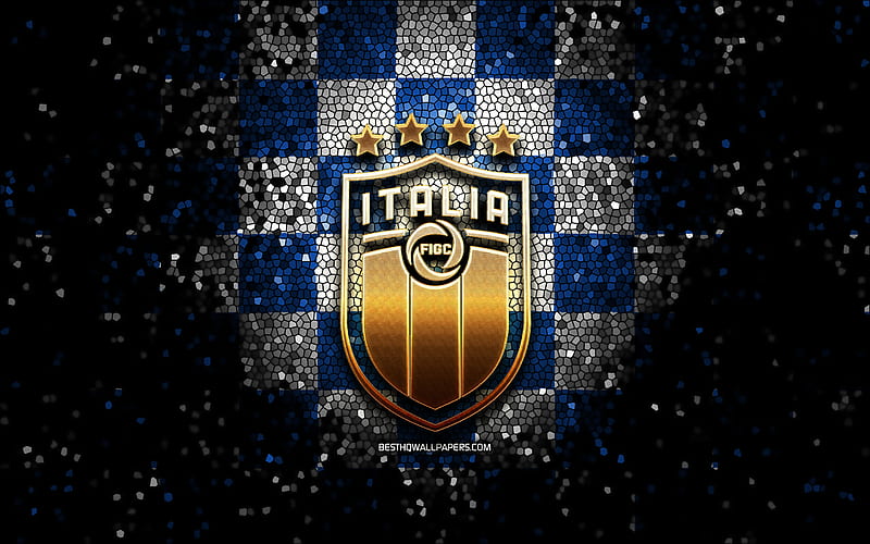 Italian football team, glitter logo, UEFA, Europe, blue white checkered background, mosaic art, soccer, Italy National Football Team, FIGC logo, football, Italy, HD wallpaper
