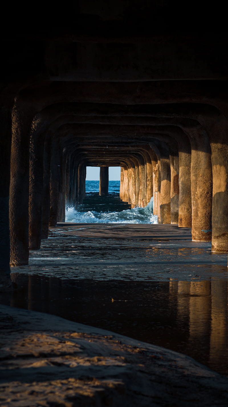 tunnel, water, waves, sand, pier, HD phone wallpaper