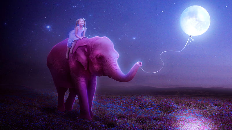 Girl On Elephant With Fantasy Moon Like Balloon Trippy, HD wallpaper