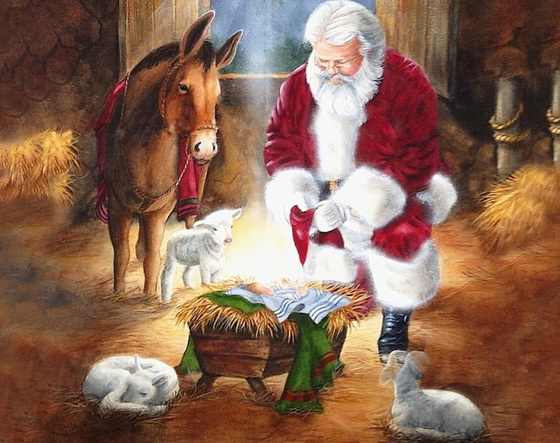 Santa Adoring Baby Jesus, nativity, Christmas, Love, baby, winter, Jesus, santa, painting, animals, HD wallpaper
