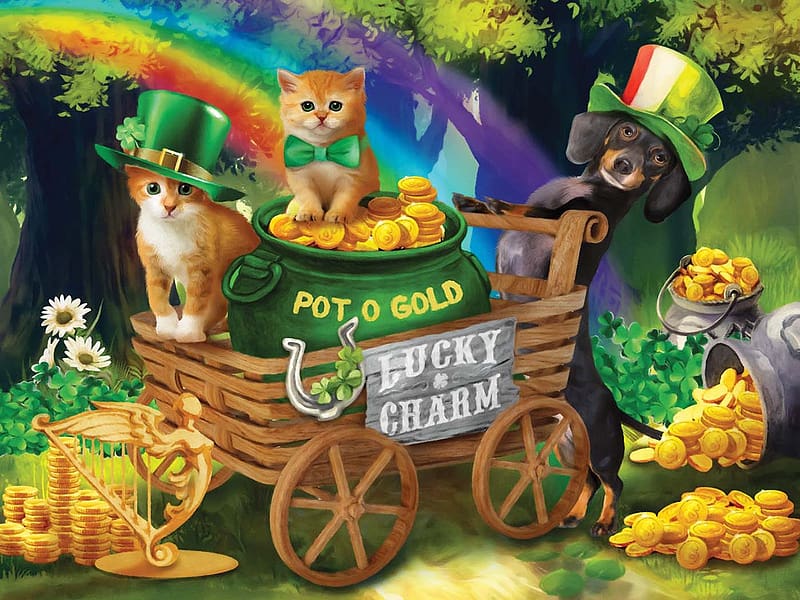Lucky Charms - St. Patrick's Day17-03, dog, irish, painting, green, cat, cart, hats, HD wallpaper