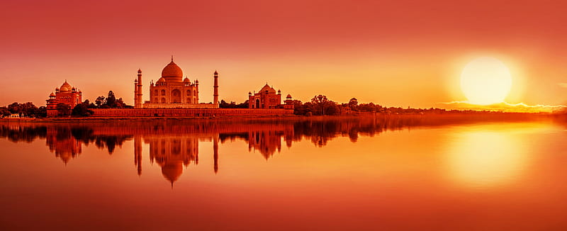 Water, Sunset, Monuments, Taj Mahal, Building, Reflection, Monument, Dome, India, Agra, Man Made, HD wallpaper