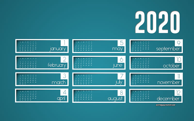2020 Blue Calendar, blue background, 2020 all months calendar, 2020 Calendar, white paper elements, 2020 concepts, Year 2020 Calendar, HD wallpaper
