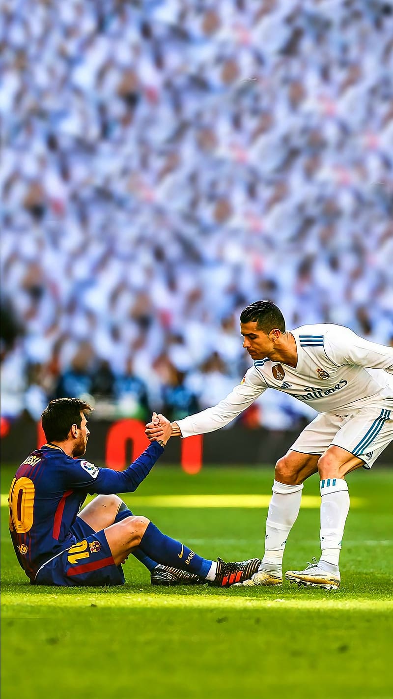 Ronaldo And Messi, Ronaldo Helping Messi, footballer, sportsmanship, HD phone wallpaper