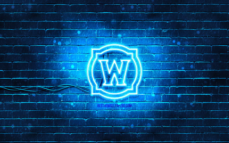 World of Warcraft blue logo WoW, blue brickwall, World of Warcraft logo, creative, World of Warcraft neon logo, WoW logo, World of Warcraft, HD wallpaper