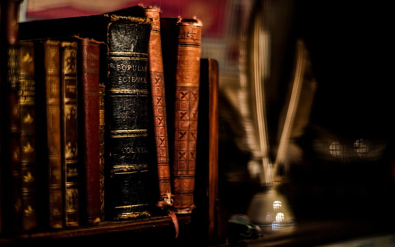 Old Books, ancient, books, brown, book, old, old book, feathers, HD wallpaper