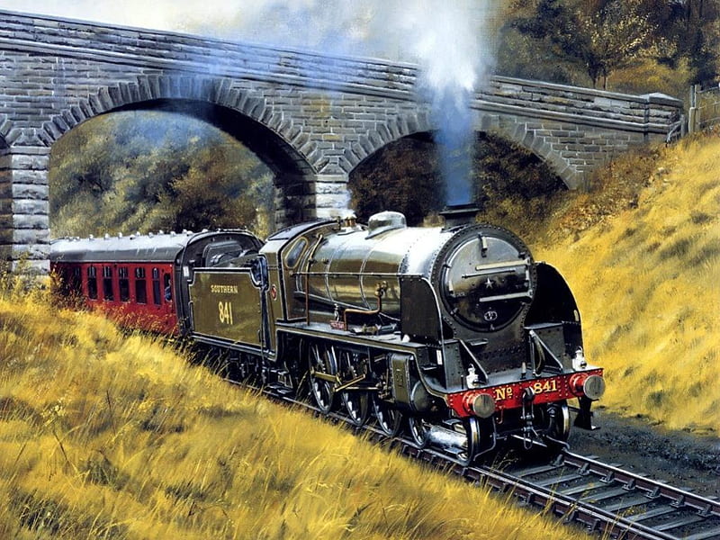 Train Ride, Train, Painting, Bridge, Tracks, HD wallpaper