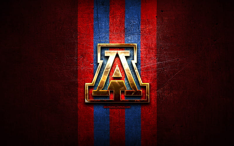 Arizona Wildcats, golden logo, NCAA, red metal background, american football club, Arizona Wildcats logo, american football, USA, HD wallpaper
