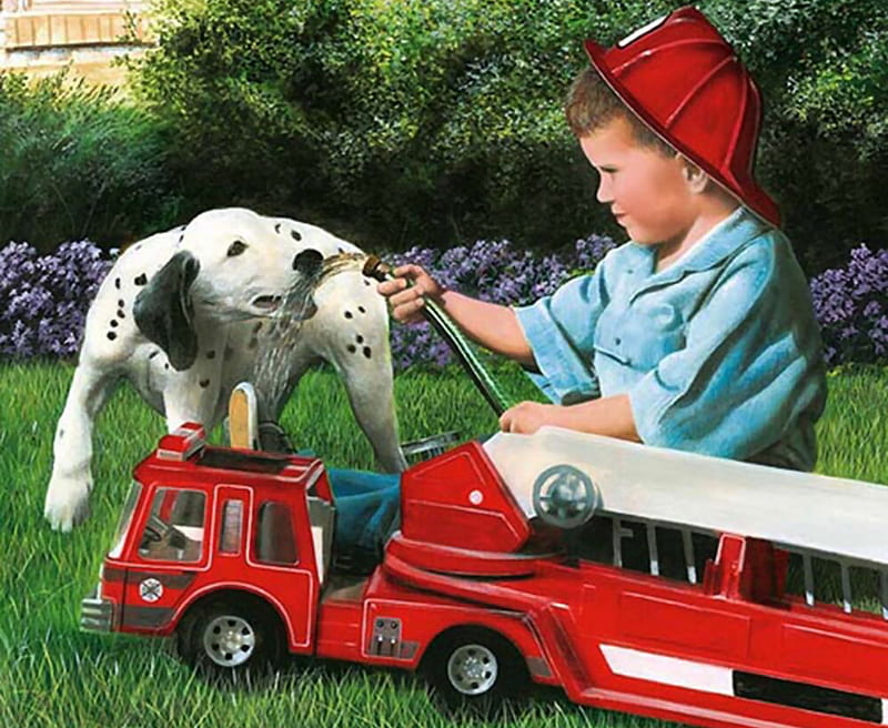 A Break From Training - Dog, little boy, dalmation, art, bonito, pets, illustration, artwork, canine, animal, fire engine, painting, wide screen, dogs, HD wallpaper