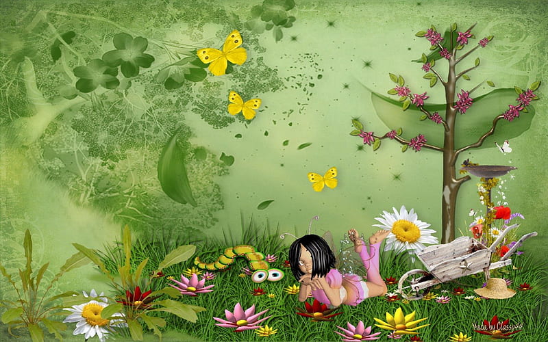 Hidden Garden, pretty, yellow, butterflies, spring, trees, green, summer, flowers, garden, white, pink, HD wallpaper