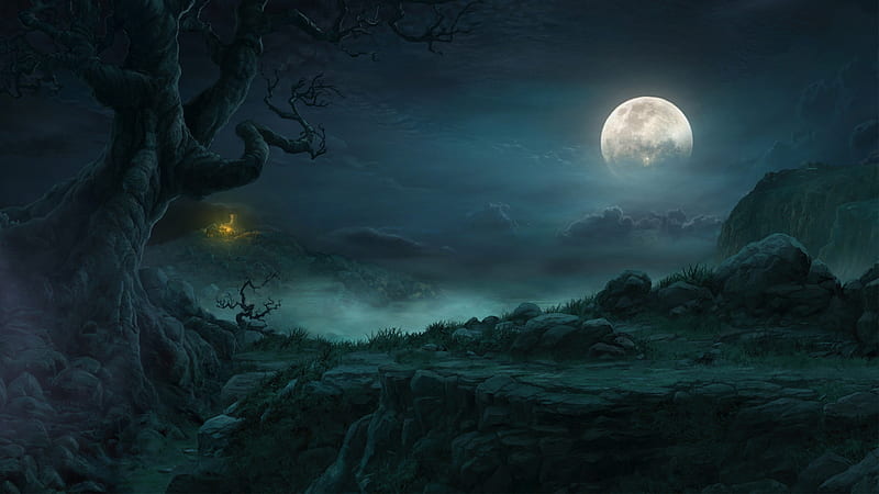 Moonlit Night, lights, tree, stones, moon, city, dark, far away, moonlit, night, HD wallpaper