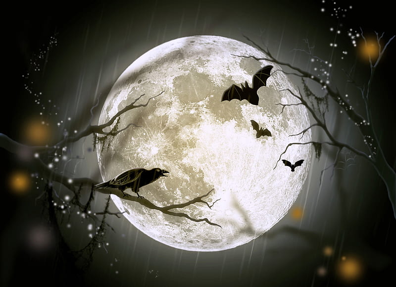 Halloween wings, nigh, crow, moon, halloween, HD wallpaper
