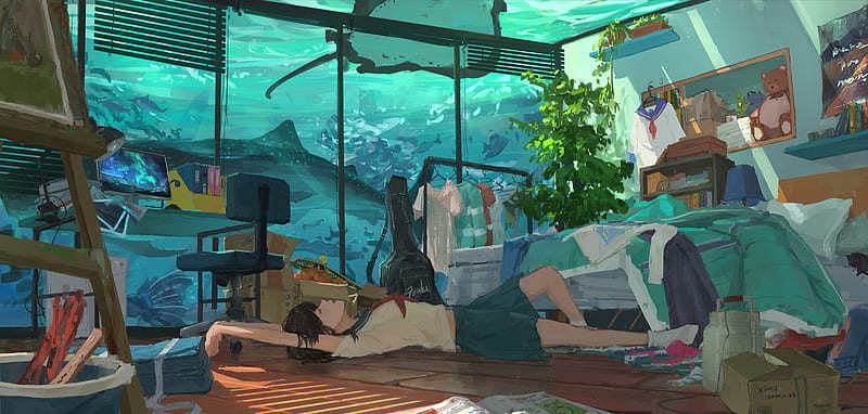 Anime, Original, Fish, Girl, Ocean, Room, Uniform, HD wallpaper