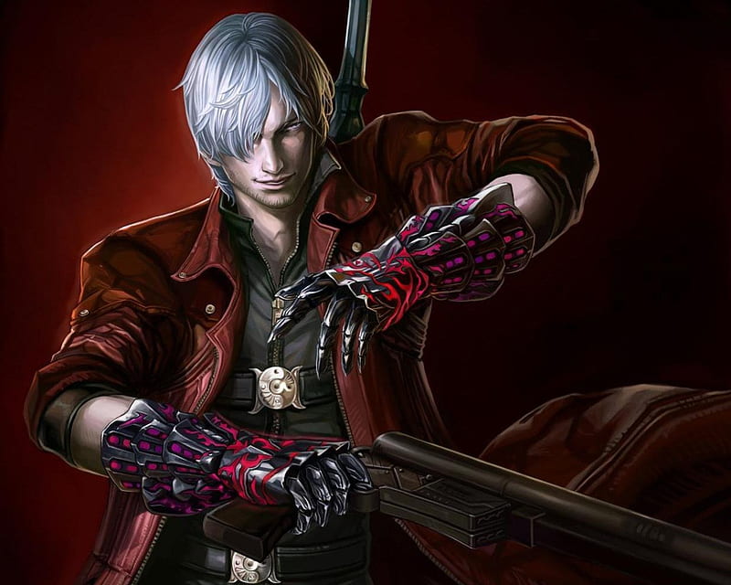 Dante, red, cg, guy, white hair, devil may cry, gun, blade, anime