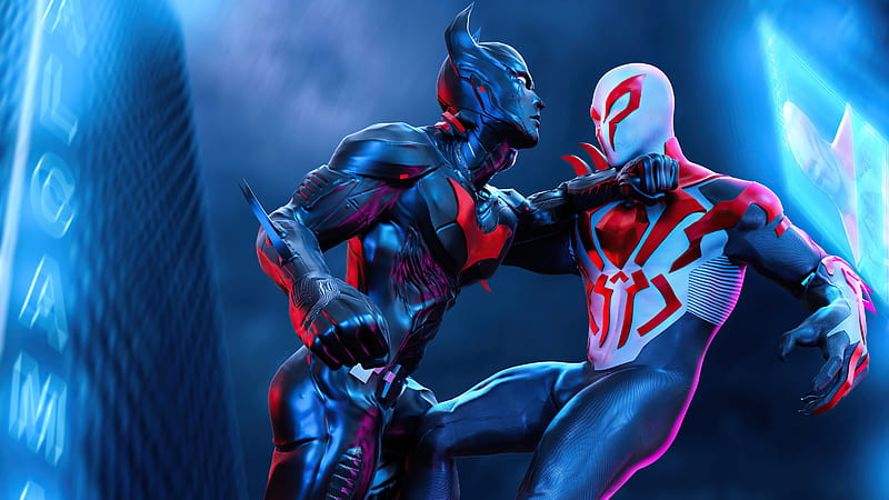 Spiderman 2077 Vs Batman Beyond , spiderman, batman, superheroes, artist, artwork, digital-art, artstation, HD wallpaper
