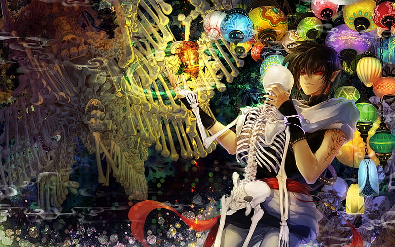 Dance with me, colorful, skeleton, boy, lantern, huazha01, guy, anime, manga, HD wallpaper