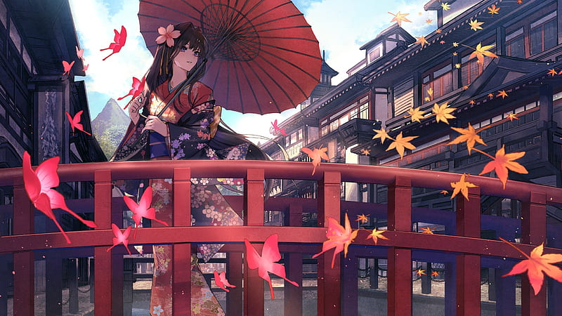 Girl with parasol, manga, parasol, leaf, autumn, eisuto, toamna, umbrella, girl, butterfly, bridge, anime, asian, HD wallpaper