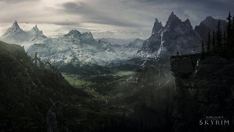 Mountain, Waterfall, Forest, Dragon, Ruin, Video Game, Castle, Skyrim, The Elder Scrolls V: Skyrim, The Elder Scrolls, HD wallpaper