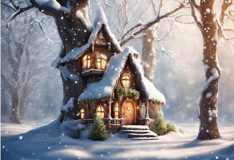 Winter home in the forest, tel, termeszet, haz, fantazia haz, erdo, havas, ho, fal, HD wallpaper