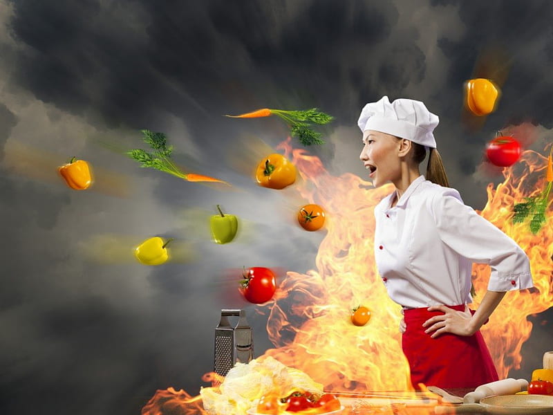 Chef, fire, girl, food, pepper, creative, vegetables, HD wallpaper