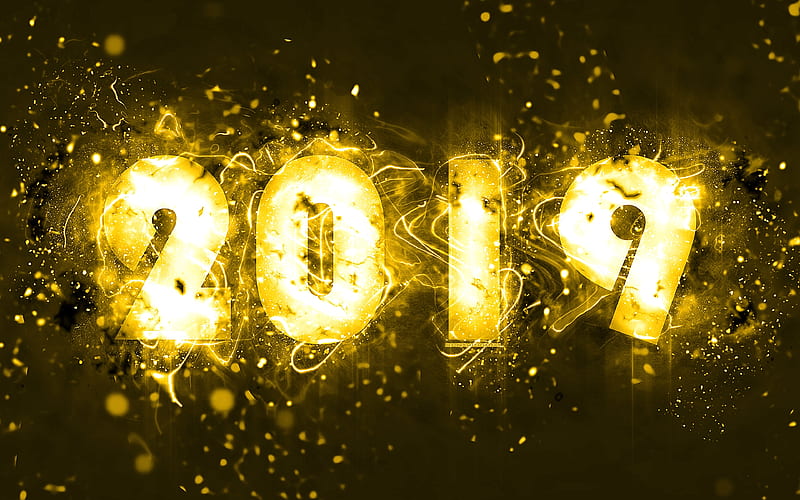 2019 year, creative, yellow neon, abstract art, 2019 concepts, yellow background, Happy New Year 2019, HD wallpaper