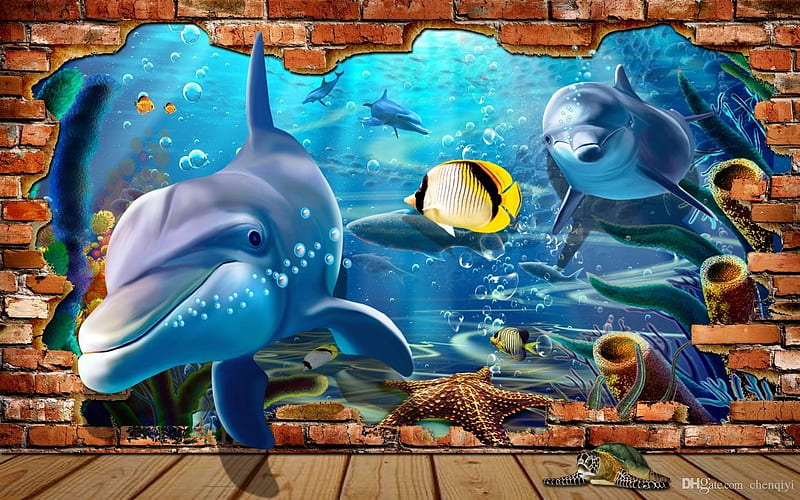 Dolphins Iin the Wall, wall, dolphins, animals, art, mural, puzzle, HD  wallpaper | Peakpx