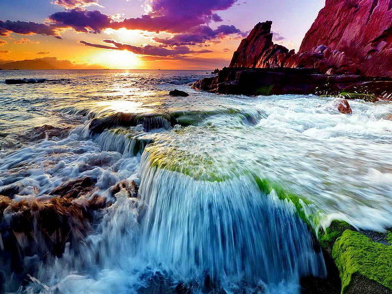 Sea beauty, rocks, fall, sun, ocean, sunlight, waves, sky, clouds, sea, splash, stones, nature, morning, reflection, HD wallpaper