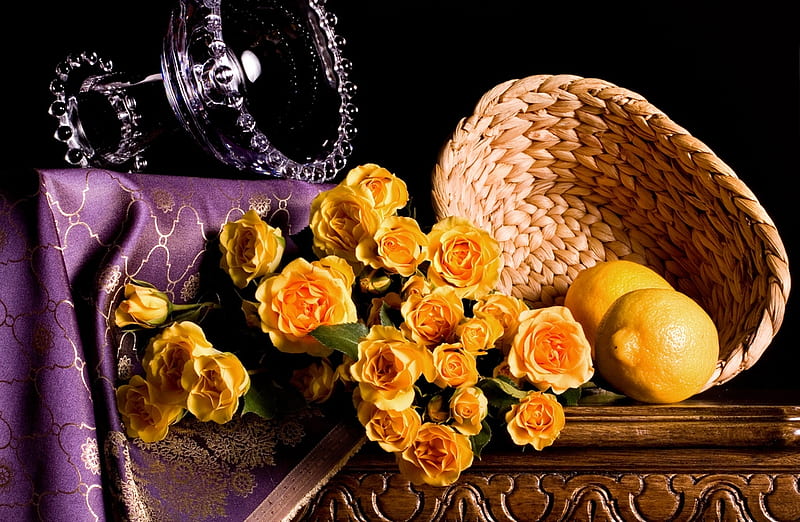 Roman Summer, still life, bouquet, basket, yellow, lemons, roses, glass bowle, HD wallpaper