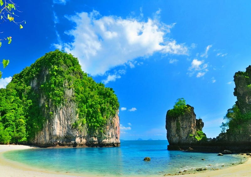 Sunny Day On The Beach, white sand, Thailand, blue ocean, bonito, clouds, beach, limestone rocks, cliffs, paradise, summer, calm waters, island, HD wallpaper