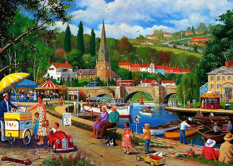 Riverside Walk, artwork, boats, bridge, icecream, people, painting, village, river, funfair, HD wallpaper