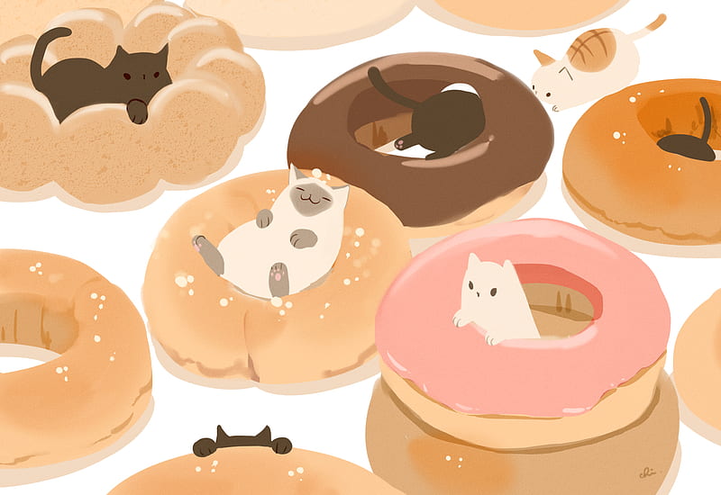 Anime, Original, Animal, Cat, Doughnut, HD wallpaper