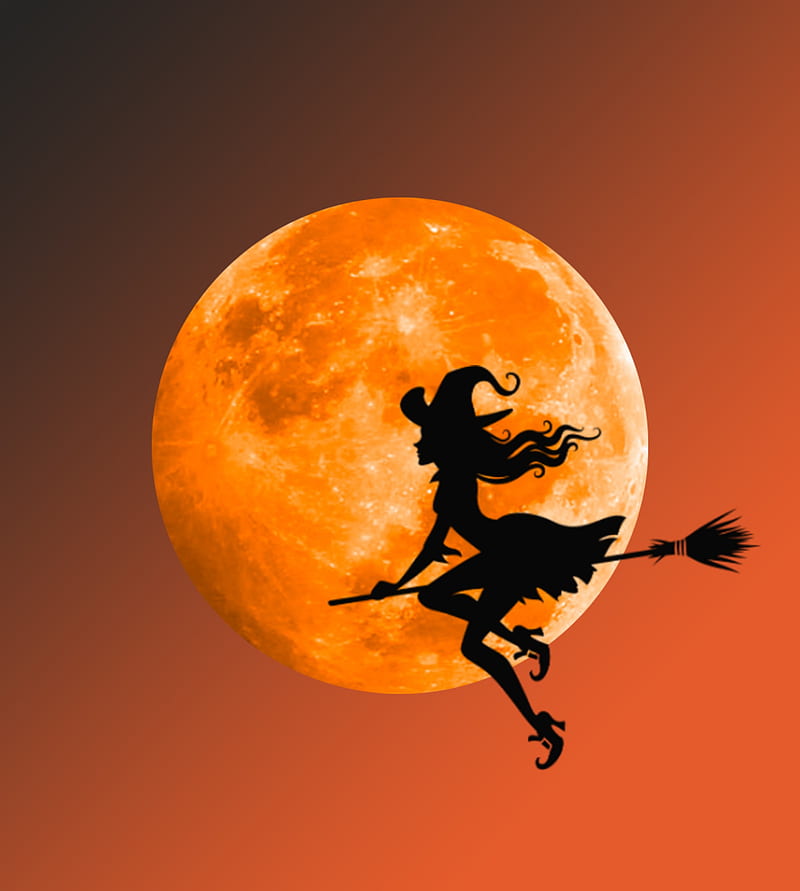 Flying witch, broom, broomstick, girl, halloween, moon, night, orange, scary, wich, witches, HD phone wallpaper