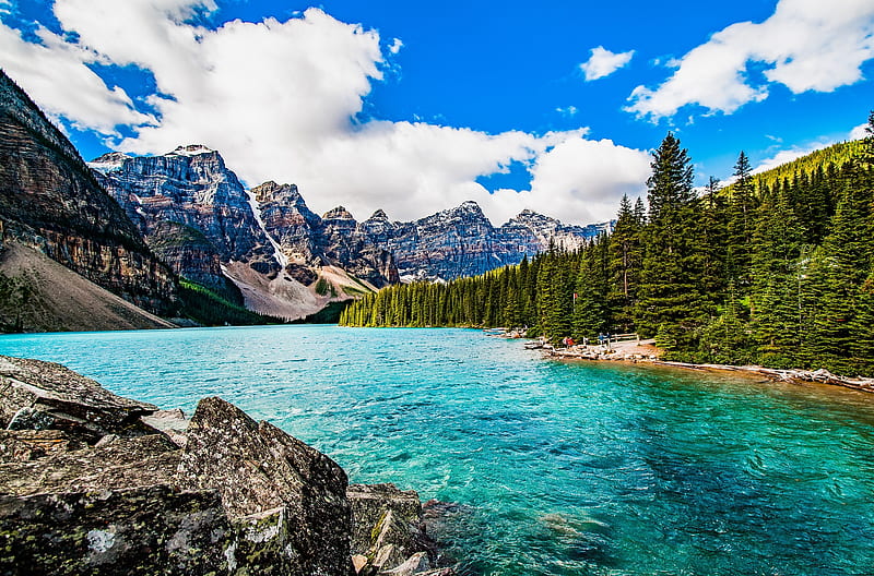 Lake Louise, Banff National Park, Alberta, water, stones, mountains, trees, clouds, sky, HD wallpaper