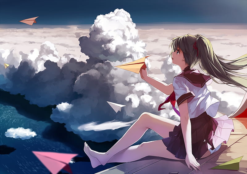 Girl & sky, sky, girl, anime, imagine, HD wallpaper