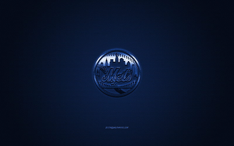 New York Mets, American baseball club, MLB, blue logo, blue carbon fiber background, baseball, New York, USA, Major League Baseball, New York Mets logo, HD wallpaper