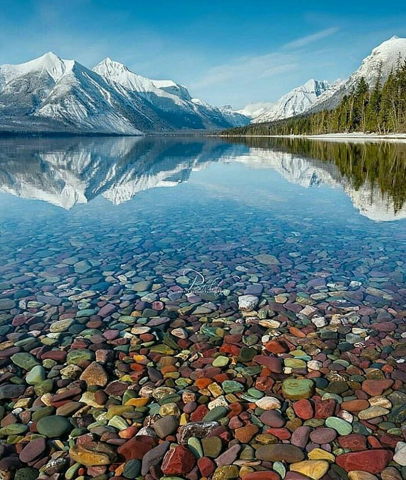 Colorful Pebbles lake, mountain, mountains, rocks, snow, water, HD phone wallpaper
