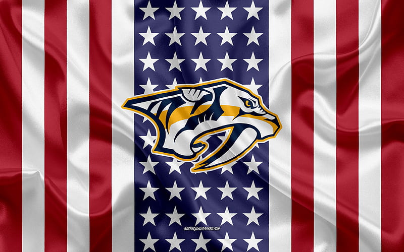 Nashville Predators logo, emblem, silk texture, American flag, American hockey club, NHL, Nashville, Tennessee, USA, National Hockey League, ice hockey, silk flag, HD wallpaper