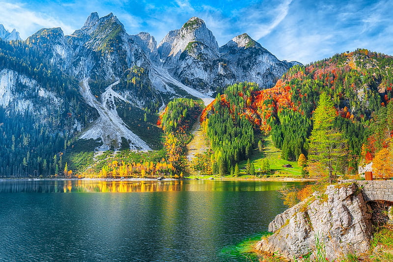 Beautiful scenery, scenery, reflection, lake, forest, hills, fall, colorful, rocks, Austria, autumn, bonito, mountain, HD wallpaper