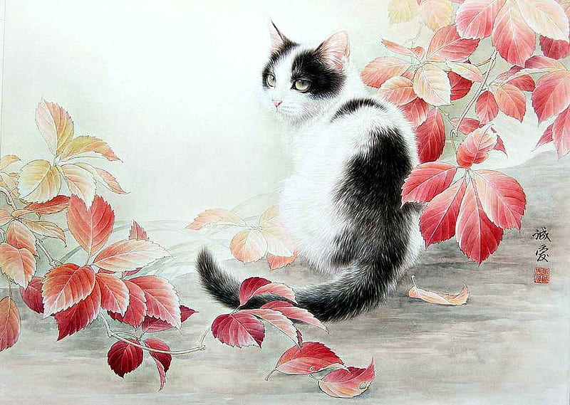 Xing Cheng'ai - Autumn Cat, art, feline, painting, cat, kitten, xing chengai, HD wallpaper