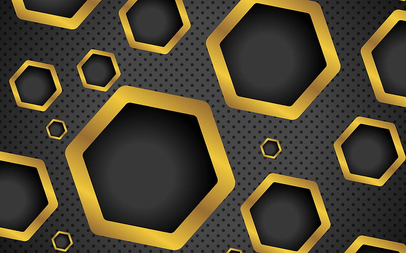 gold hexagons patterns, creative, artwork, 3D hexagons, background with hexagons, black backgrounds, golden hexagons, HD wallpaper