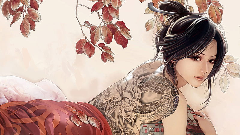 Japanese Beauty, tattoos, orange, bonito, sexy, cute, leaves, hot, beauty, anime girl, black hair, HD wallpaper