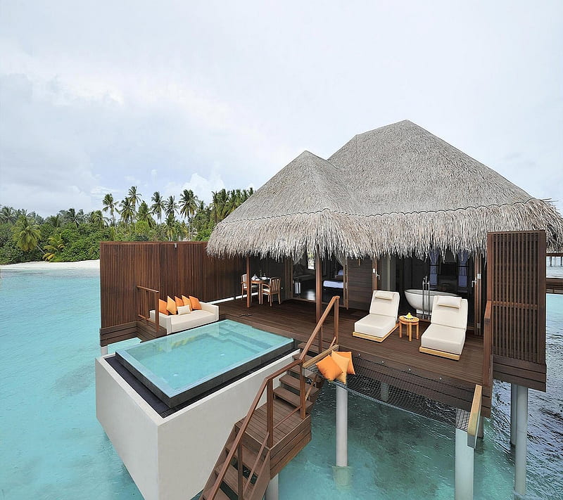 Maldives, bungalow, ocean, HD wallpaper