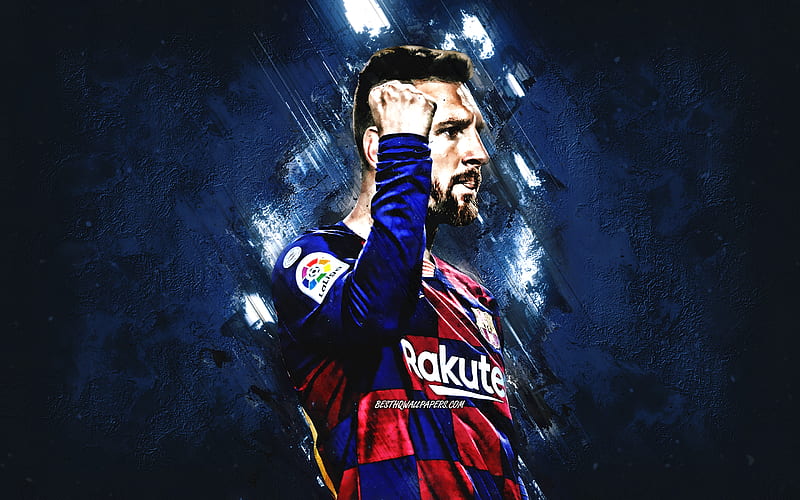 Lionel Messi, Argentine footballer, FC Barcelona, La Liga, Catalonia, Spain, blue stone background, portrait, Messi Barcelona, HD wallpaper