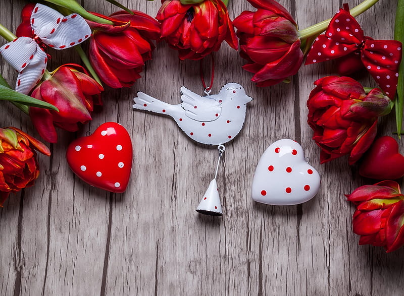 Happy Valentine's Day!, red, deco, rose, valentine, card, dot, bird, heart, flower, white, wood, HD wallpaper