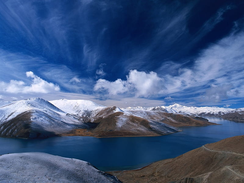 pure lands , snow, mountains, island, clouds, sky, sea, blue, HD wallpaper