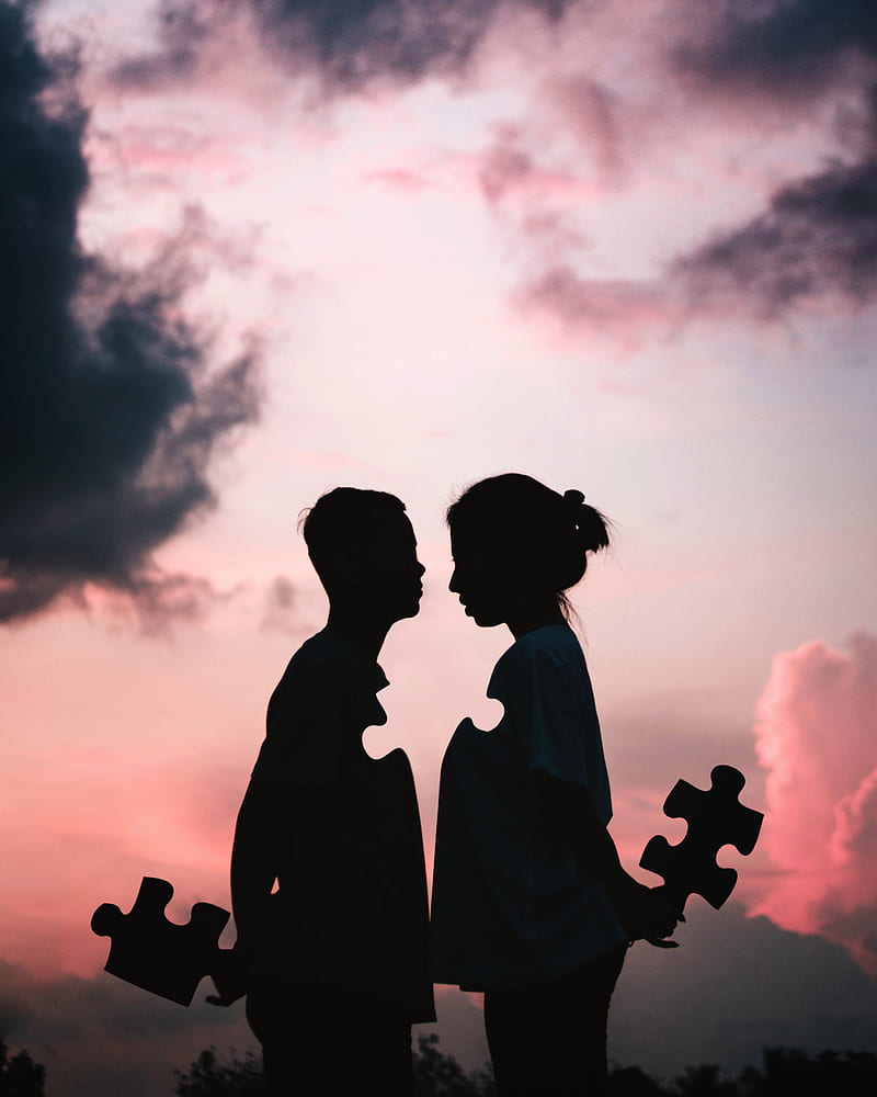 Couple Love, Justin, Justin Peters, art, boy, clouds, girl, jstnptrs, manipulation, hop, puzzle, silhouette, sky, soul, surreal, HD phone wallpaper