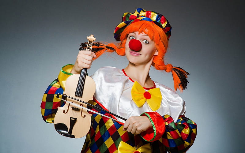 Clown girl, red, violin, model, orange, black, yellow, woman, clown, instrument, girl, white, HD wallpaper