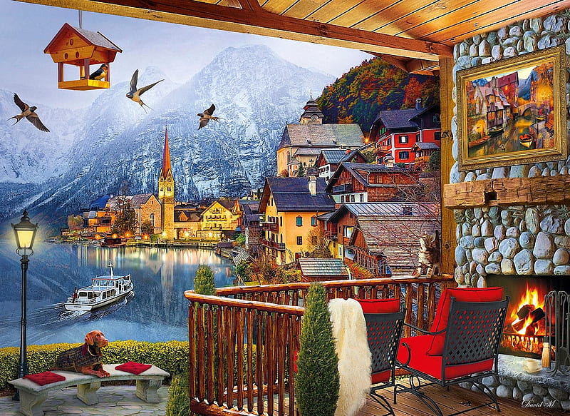 Hallstatt, lake, veranda, houses, birds, bench, church, artwork, ship, mountains, digital, austria, chairs, dog, HD wallpaper